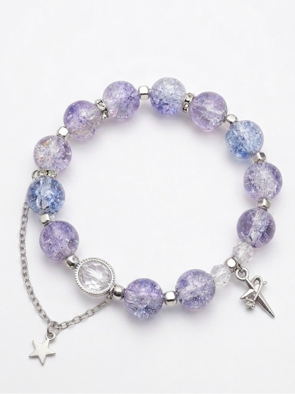 Hand Crafted Lavender & Periwinkle Crackle Bead Bracelet with Silver Charms